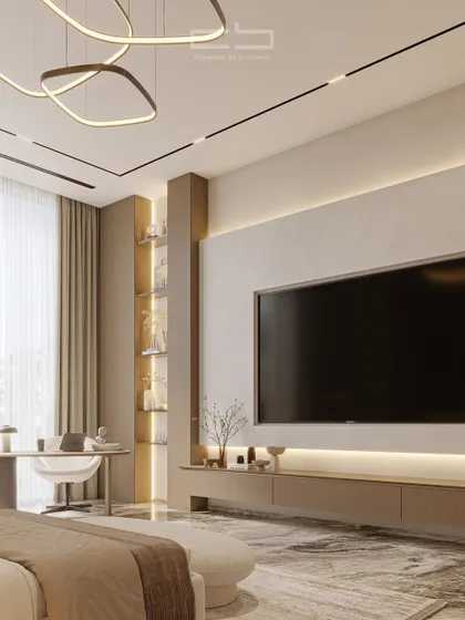 This serene bedroom seamlessly blends contemporary design with a warm, neutral palette. The space includes a minimalist media unit, a dedicated workspace, and sculptural lighting, all designed to create a tranquil and inviting atmosphere.