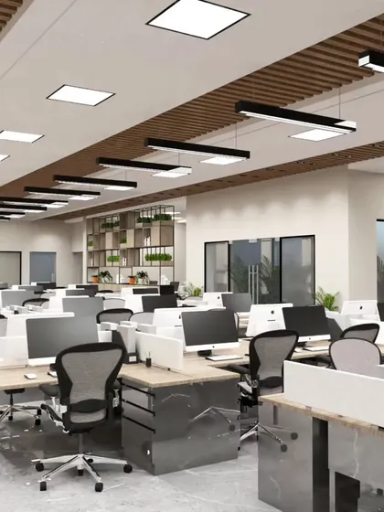 A wide-angle view of the Bengaluru office render, emphasizing the scale and organized flow of the workspace. The combination of wood tones on the ceiling and modern fixtures creates a warm yet professional atmosphere.