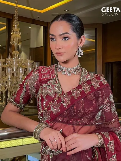 A sophisticated bridal look featuring a stunning diamond choker. The makeup is kept elegant and clean with a sleek hairstyle to ensure the focus remains on the bride and her beautiful jewelry.