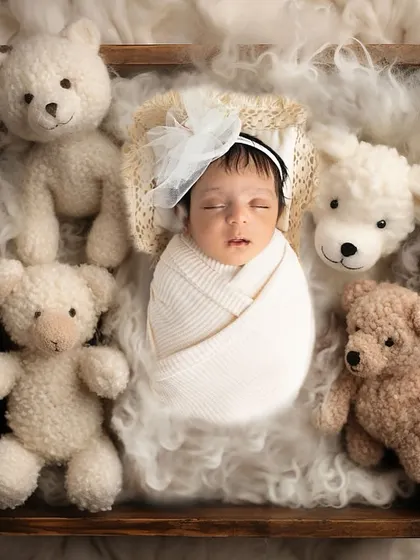 A classic and beloved setup. The baby is swaddled in white and placed in a wooden crate surrounded by fluffy teddy bears, creating a feeling of comfort and cuddly innocence.