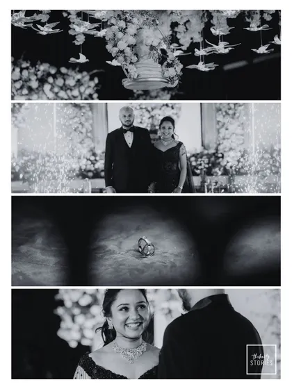 A black and white collage that tells the story of a reception night, including decor details, the ring exchange, and candid emotional moments.