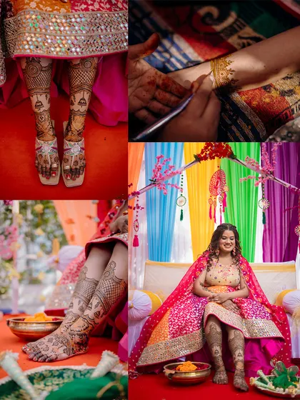 A detail-oriented collage of the bride's mehendi. I focus on capturing the intricate henna art on both her hands and feet, as well as the application process itself.