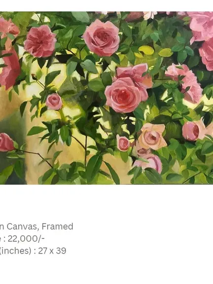 A lush garden scene of pink roses climbing a wall, painted in oils. This piece aims to transport you, making you feel as if you are looking out a window into a beautiful, blooming garden.