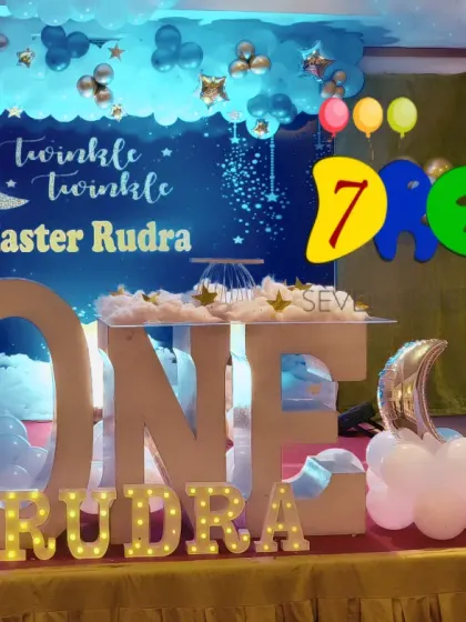 A sweet 'Twinkle Twinkle Little Star' theme for a first birthday. I used a dark blue backdrop with moons and stars, and large marquee letters spelling 'ONE' for the main photo area.