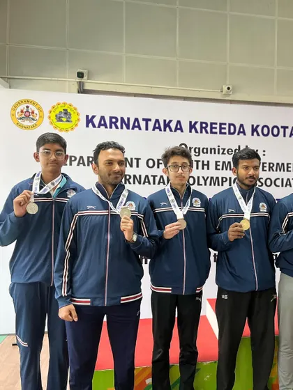 Our Air Pistol men's team proudly displaying their medals from the 2nd Nagaraj Rao shooting competition.
