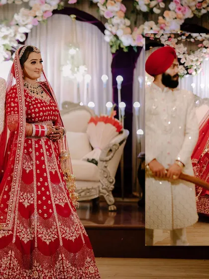 A creative portrait of the bride and groom from their Sikh wedding.