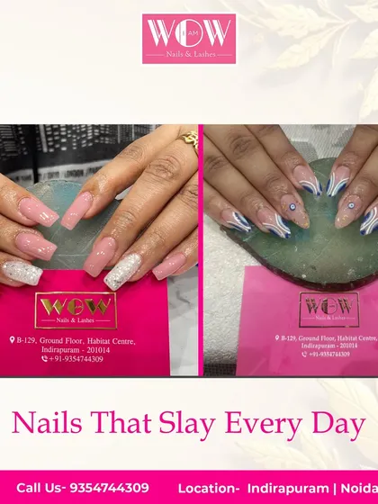 This collage showcases the versatility of our nail extensions, featuring both a simple, elegant glitter set and a more artistic design with abstract swirls.