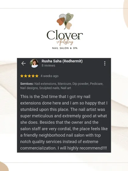 "A friendly neighborhood nail salon with top notch quality services." This review perfectly describes what we aim to be: a place with a warm, cordial feel that delivers meticulous, high-quality nail art.
