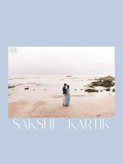 Sakshi and Kartik standing together on a quiet Goa beach, a serene and timeless portrait against the vastness of the sea.