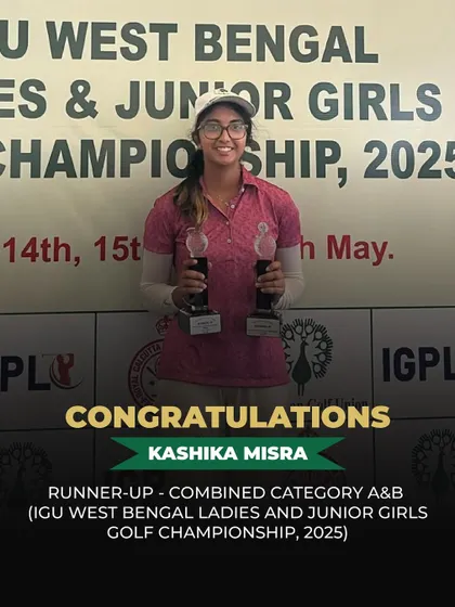 A congratulatory graphic for Kashika Misra, who secured the Runner-Up position at the IGU West Bengal Ladies and Junior Girls Golf Championship after a strong playoff performance.