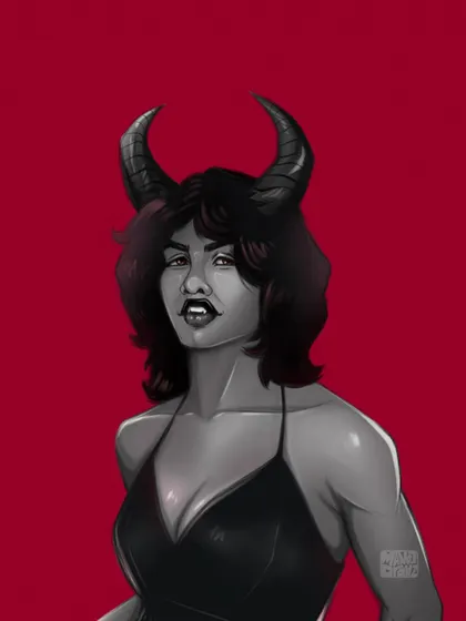 A black and white version of my devil character, set against the red background. This creates a powerful, high-contrast look that emphasizes the lighting and form.