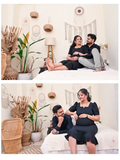 Two relaxed poses from a couple's maternity shoot in our Boho bedroom set. These images capture the casual and comfortable intimacy of the session.