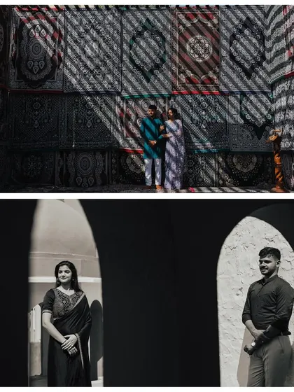 A study in light and shadow. This composite uses dramatic shadows from a patterned wall and the stark contrast of archways to create artistic, high-impact pre-wedding portraits.