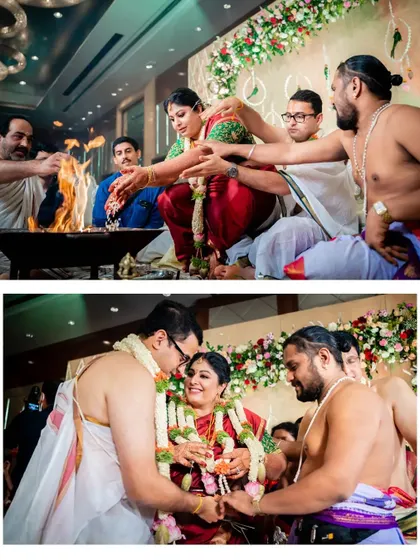A collage of the sacred fire (homa) ritual in a Tamil wedding, a central part of the ceremony.