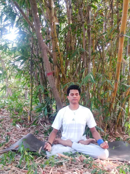 Meditating in Padmasana (Lotus Pose) amidst a bamboo grove. Yoga is a science that deals with the body, mind, and soul. In these moments of quiet contemplation, we connect with our innermost self and the universe.