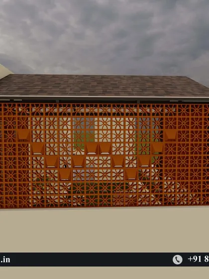 A render showing the exterior view of the CNC-cut privacy screen, which features a unique pattern with integrated planters.