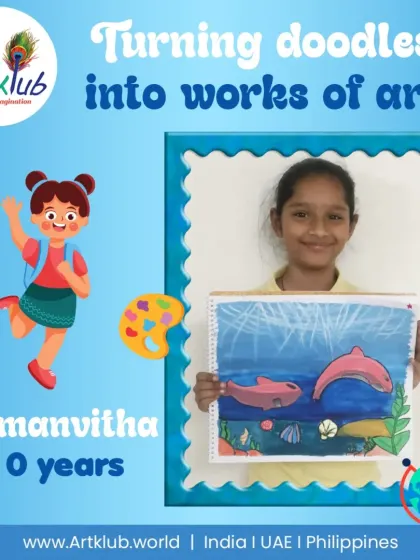 Samanvitha, age 10, turns doodles into a work of art with this beautiful underwater scene featuring two dolphins.