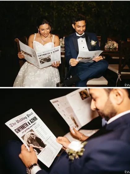 A fun and unique portrait of the bride and groom reading a custom-made newspaper, "The Wedding Post," announcing their marriage. It's a creative and personal touch.