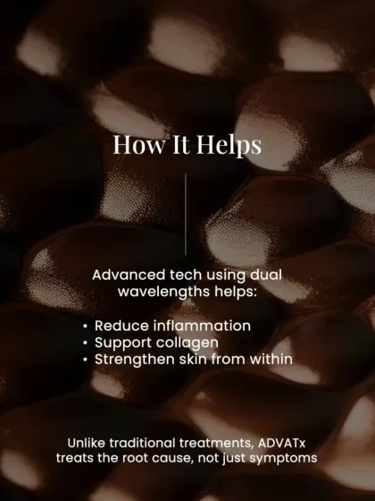 This explains how AdvaTx helps by using its advanced technology to reduce inflammation and support collagen, strengthening the skin from within to treat the root cause of issues.