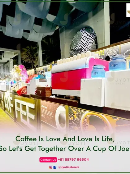 A dedicated coffee bar setup, complete with a professional espresso machine and various syrups, bringing the cozy cafe experience to your event.