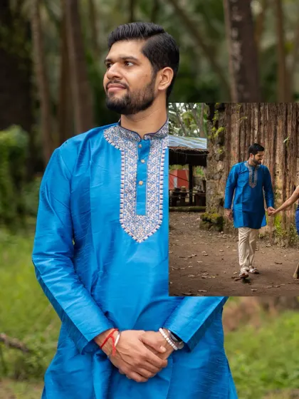 A collage of the groom-to-be in a handsome blue kurta, captured in both posed and candid moments during their pre-wedding shoot in a natural setting.