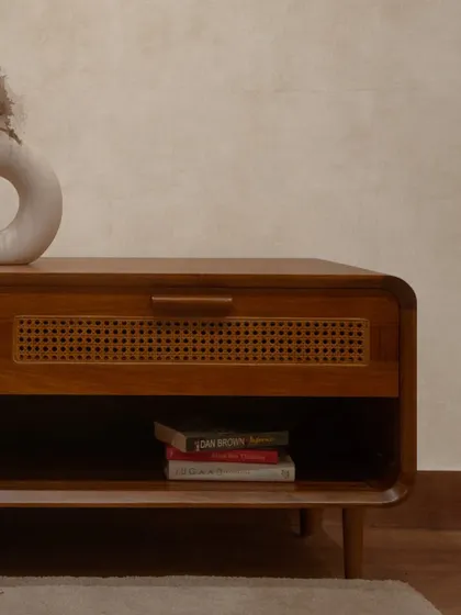 A straight-on view of the 'Lobo' cabinet, highlighting its clean, rounded edges and mid-century modern inspired legs.