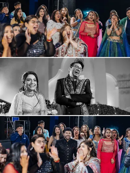 A collage capturing the surprised and joyful reactions of the bride and guests during a sangeet performance.
