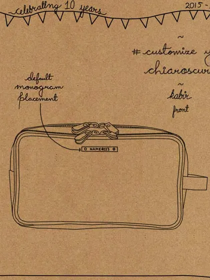 The Kabir wash kit is a perfect canvas for personalization. This sketch shows the default monogram placement on the front top center, making it a great personalized gift for him or for yourself.