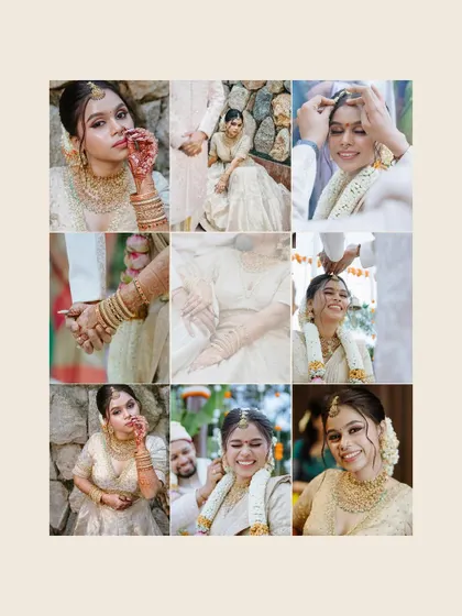 A collage of beautiful bridal moments, showcasing her elegant white saree and stunning gold jewelry.