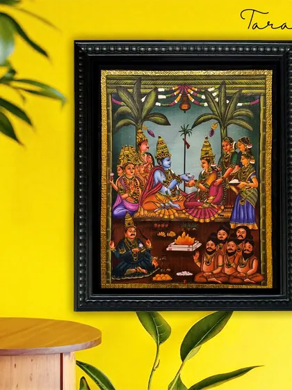 A canvas painting of the Srinivasa Kalyanam (the divine wedding of Lord Srinivasa and Padmavathi), enriched with Tanjore artistry. This piece captures the grandeur of the celestial event with a modern touch.
