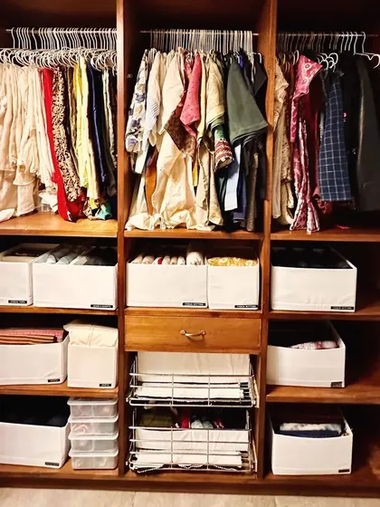 This series of images shows the different stages of a home setup. It starts with decluttering piles of sarees and clothes and ends with beautifully organized, functional wardrobes.