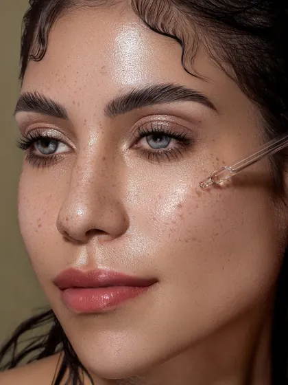 This image captures the precise application of a serum, with the dropper delivering a single, perfect drop onto the model's cheek. The lighting is soft and luminous, designed to accentuate the skin's natural texture and the glistening quality of the oil, making the product look irresistible.
