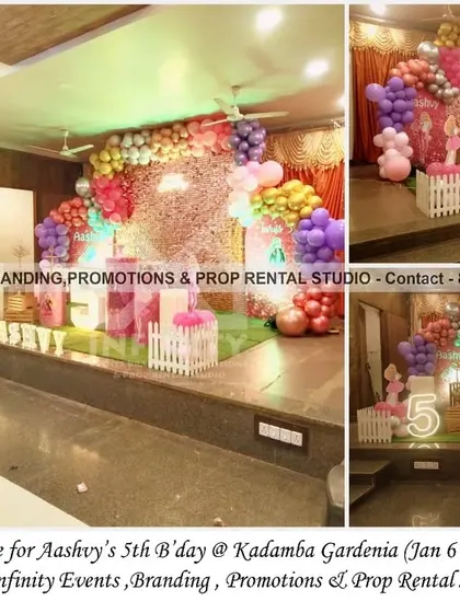 A glamorous Barbie theme for Aashvy's 5th birthday at Kadamba Gardenia. We used a stunning rose gold sequin backdrop and a vibrant, multi-colored balloon garland to create a fun and stylish party zone.