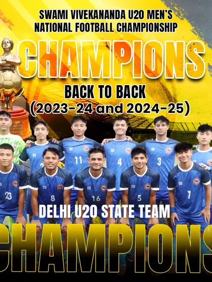Champions. A graphic celebrating the Delhi U20 State Team's consecutive national titles. Our players are not just participants; they are winners who know how to perform on the big stage.