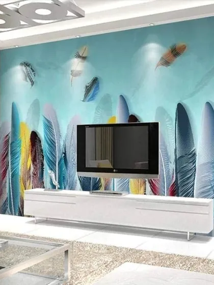 This design concept shows a 3D feather wallpaper behind a media center. The vibrant colors and sense of movement can add a soft yet dynamic touch to your decor.