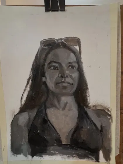 The Grisaille portrait on the easel, showing the work in progress. I use this technique to improve my understanding of light and shadow.