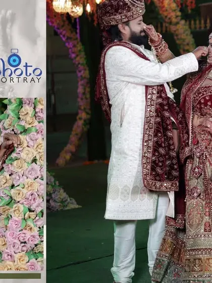 An album layout showing the groom's portrait and a candid moment from the wedding ceremony.