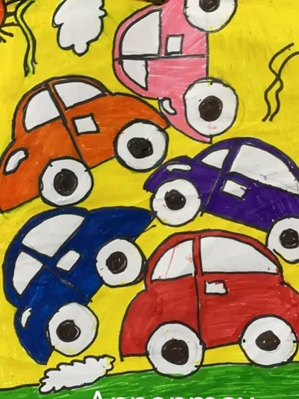 A fun drawing of a traffic jam with cartoon cars. This lesson is great for practicing shapes, overlapping, and creating a busy scene with multiple elements.
