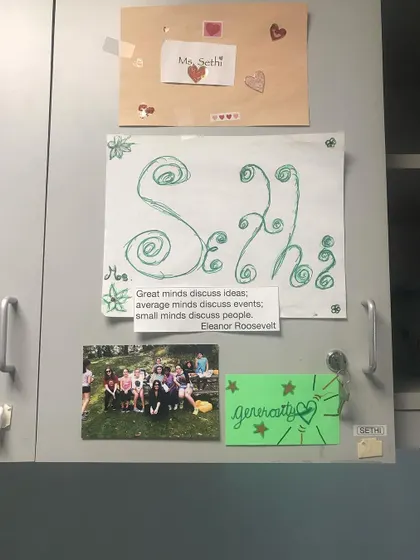 My classroom cabinet, decorated with notes and pictures from students. This was my little wall of love, a constant reminder of the wonderful young people I had the privilege of teaching.