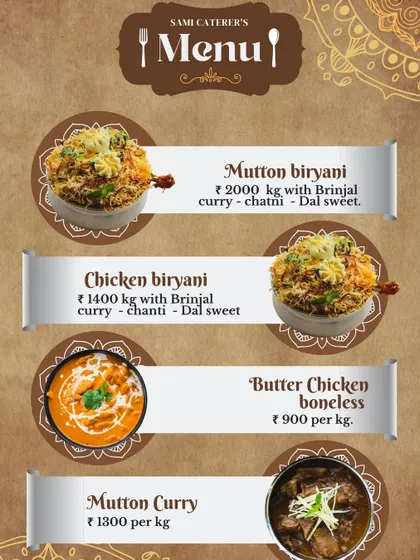 A simple menu showing my most popular items sold by the kilo: Mutton Biryani, Chicken Biryani, Butter Chicken, and Mutton Curry.