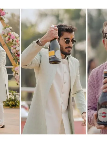 A fun sequence showing the groom popping a bottle of champagne, with his father laughing in the background. It captures the celebratory and joyful spirit of the family.