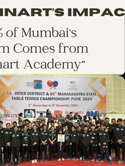 The full Mumbai team, with a strong representation from Spinart Academy, ready for the Inter-District & Maharashtra State Table Tennis Championship. We are proud to contribute significantly to the city's talent pool.
