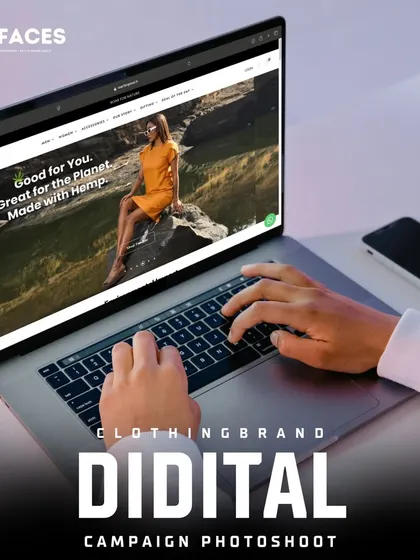 A laptop screen showing a campaign image for a hemp-based clothing brand. We specialize in outdoor, nature-based shoots that align with eco-conscious and natural brands.