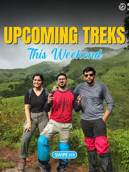 A poster for our upcoming treks, showing a group enjoying the view from a green hilltop.