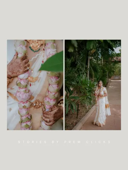 A "Stories by Prem Clicks" branded collage, featuring a detail of the bride's garland and a full shot of her walking, telling a small story in two frames.