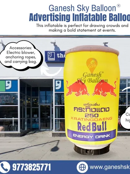 We can replicate iconic products like this Red Bull energy drink can. Placed outside a store, this giant inflatable serves as a powerful point-of-sale advertisement that boosts brand presence.