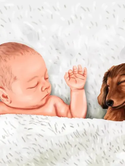 A peaceful and heartwarming illustration of a newborn baby sleeping soundly next to a puppy. This is a perfect piece for a nursery or a baby announcement.