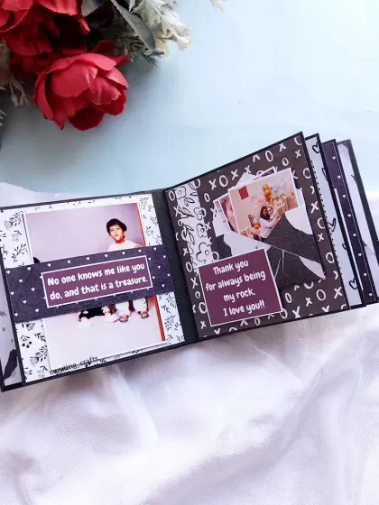 This page includes pockets for photos and personal notes, with messages like "Thank you for always being my rock."
