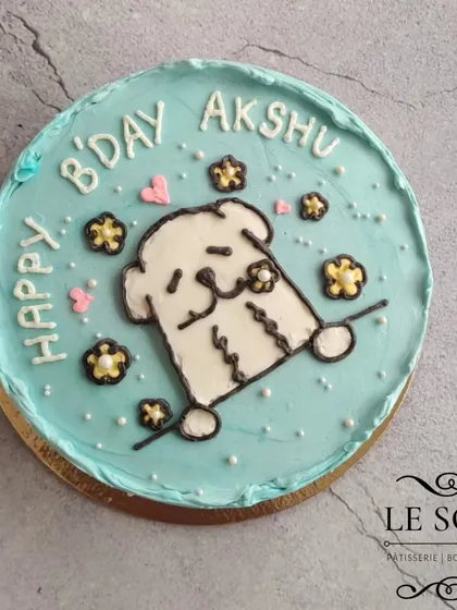 This cake was based on a sketch my client drew. I brought their vision to life on this 1 kg Intense Dark Chocolate Truffle cake, featuring a cute dog design in a lovely shade of blue.
