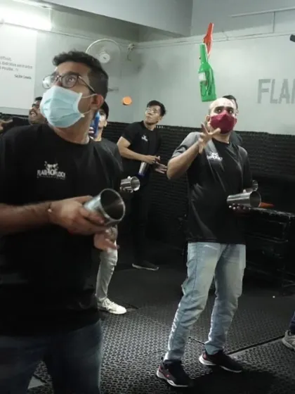 Our flair studio provides a safe and encouraging space for students to practice. Here, a group of aspiring bartenders learns the fundamentals of juggling and object manipulation.